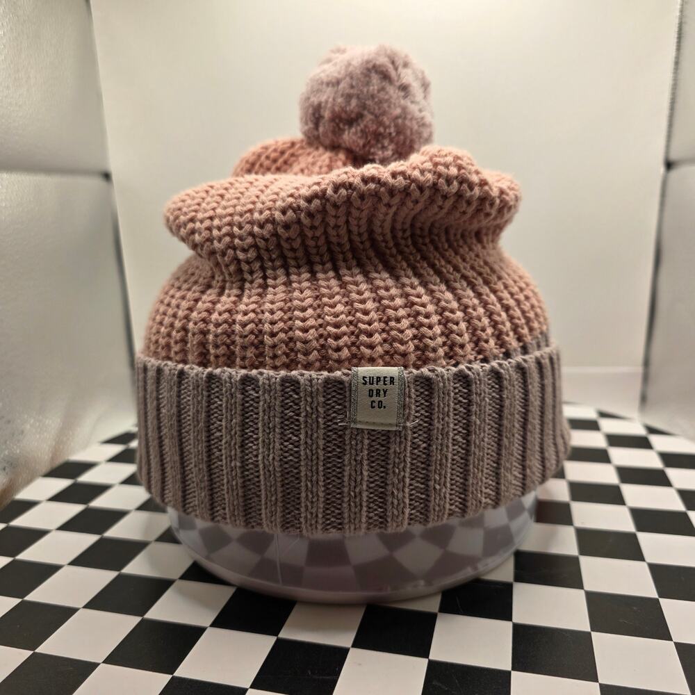 NWT Superdry Dusty Pink Grey‎ Color Block Pom Pom Beanie Hat One Size